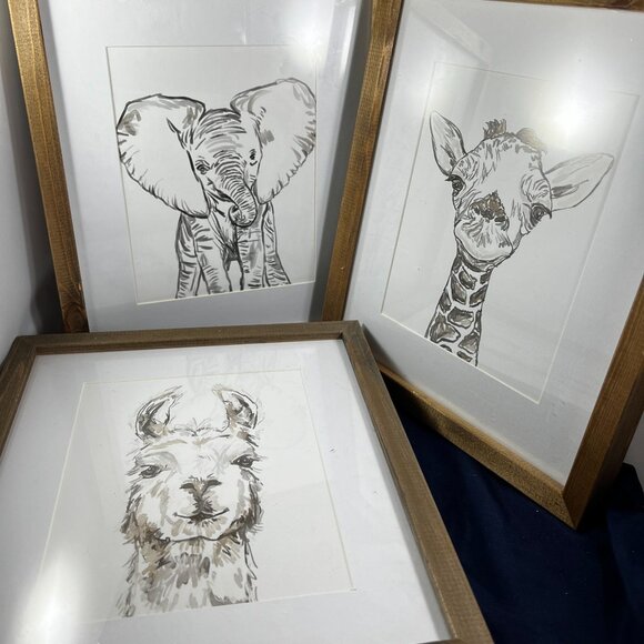Set Of 3 Framed Animal Prints - Giraffe Alpaca & Elephant - Hobby Lobby - Wooden - Picture 1 of 4
